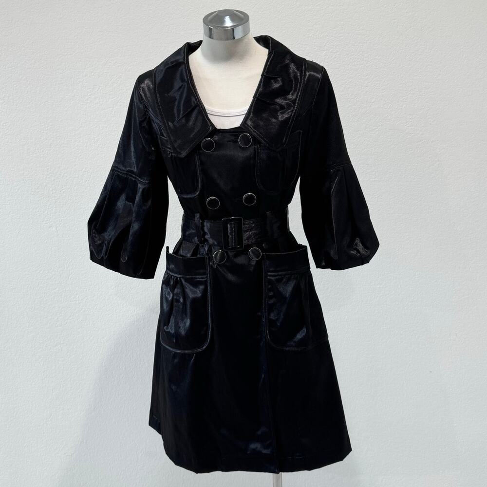 Lucy Papis Satin Black 3/4 puff Sleeve Trench Coat S